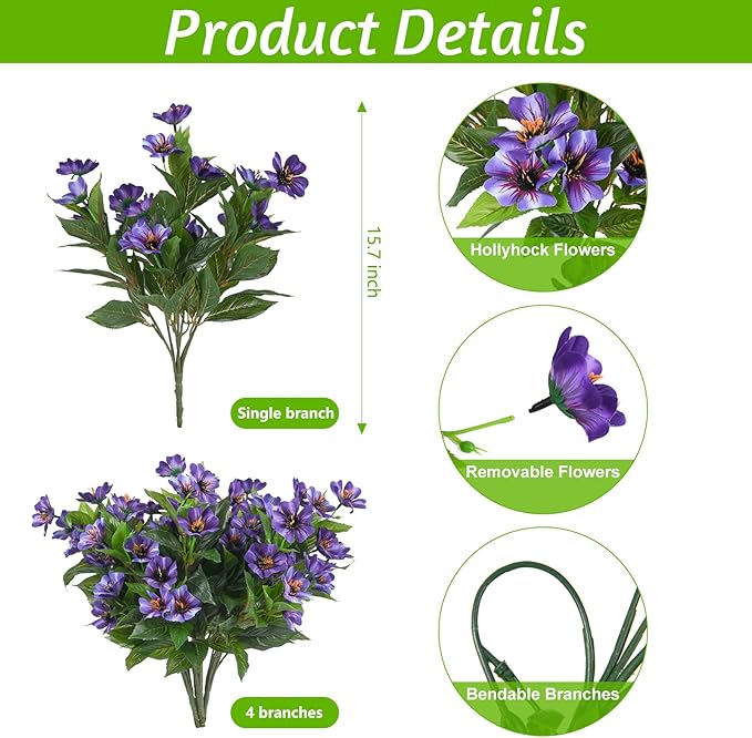 Fake Artificial Flowers for Outdoors Decoration, 4 Bundles Silk Faux Spring - Image 2