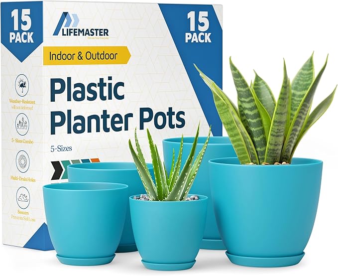 Blue Plant Pots with Drainage Holes & Saucers 15 Pack, Indoor & Outdoor by LIFEMASTER