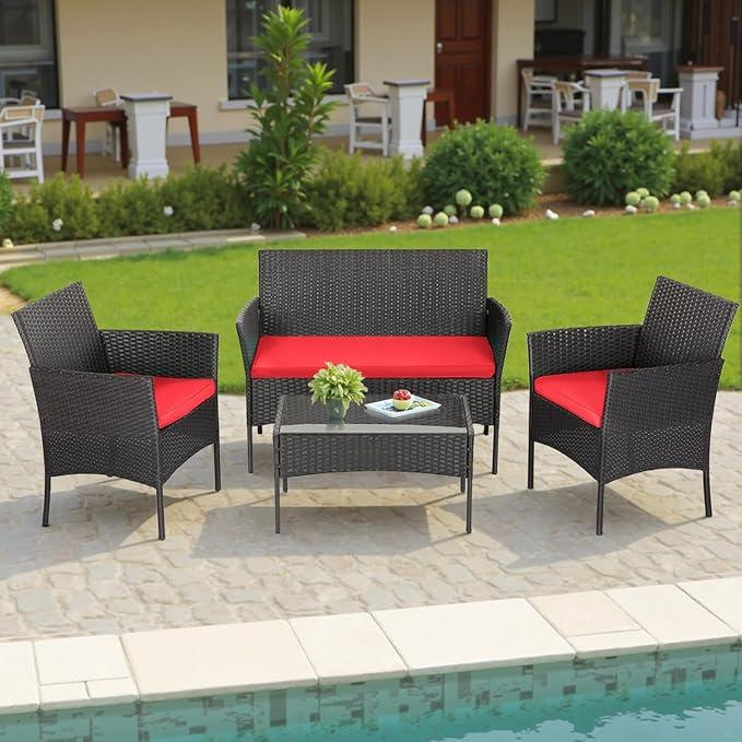 FDW | 4-Piece Patio Furniture Set | Red | Outdoor Wicker Furniture - Image 7