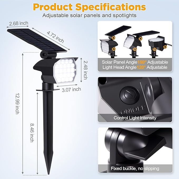 23 LED Solar Spot Lights Outdoor Waterproof, 2 Pack Solar Lights UP to 20Hrs - Image 5