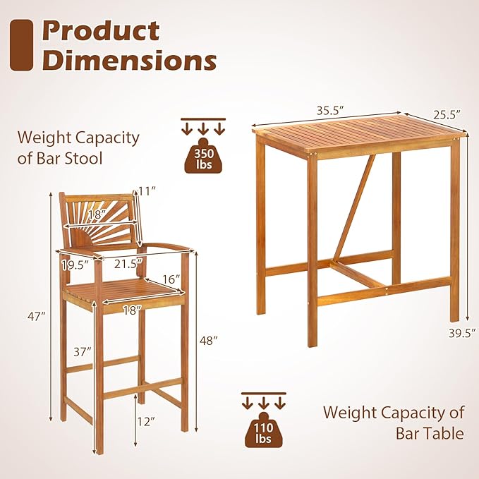 Tangkula 3 Piece Patio Bar Table & Chairs, Outdoor Acacia Wood Bar Set - Image 5