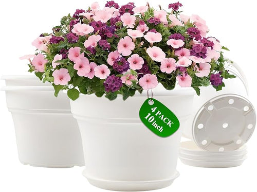 10 Inch Plastic-Flower-Pot-for-Indoor-Plants, 4 Pack Large Outdoor Planter Pot by Pottiffe
