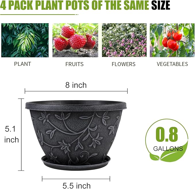 4 Pack 8 Inch Flower Pots for Outdoor Indoor, Plastic Plant Pots - Image 2