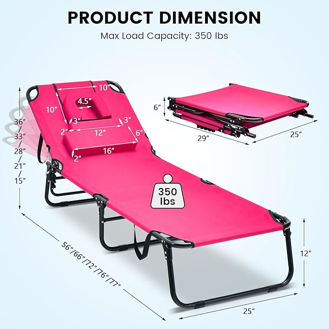 GYMAX Tanning Chair, 350lbs Beach Lounge Chair - Image 3