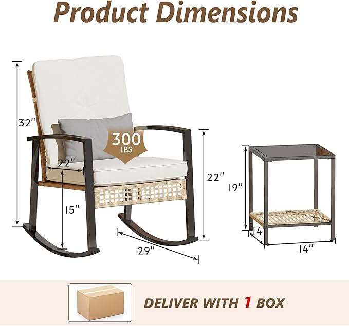 3 Piece Patio Rocking Chairs Set of 2, Outdoor Rocking Chair Bistro Set - Image 2