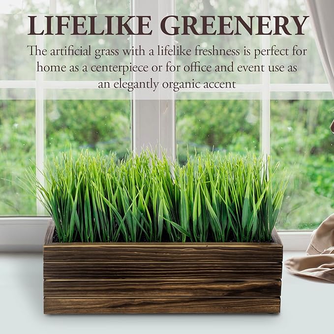 MyGift 14 Inch Artificial Green Grass Plant in Rustic Burnt Solid Wood - Image 3