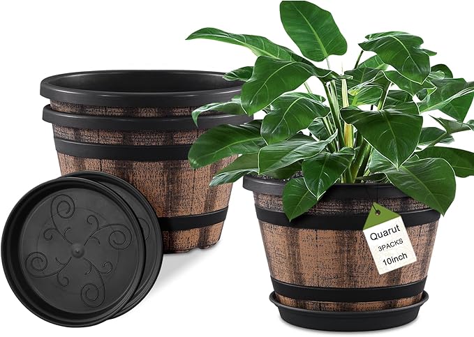 Quarut 3 Pack 10 inch Plant Pots, Whiskey Barrel Planters by Quarut