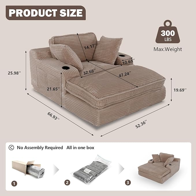 67" Oversized Chaise Lounge Chair Indoor, Soft Boneless Cloud Couch - Image 2