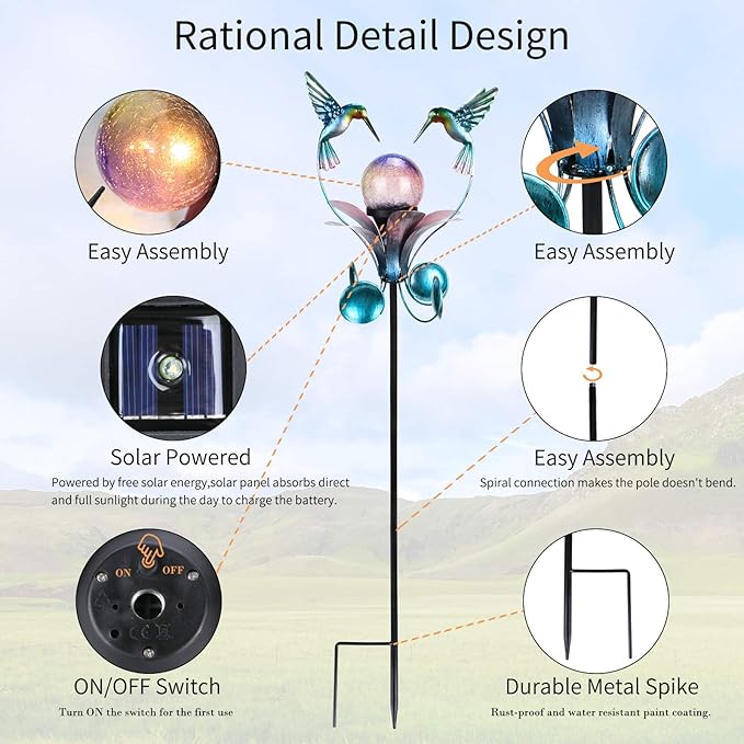 VCUTEKA Solar Lights Outdoor Metal Garden Stake Waterproof Crackle Glass Globe - Image 6
