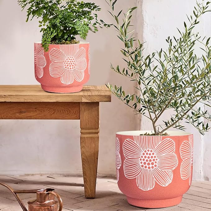 YBX 8 Inch + 6 Inch White Flower Pattern Plant Pots, Sand Glazed Ceramic Planter - Image 2