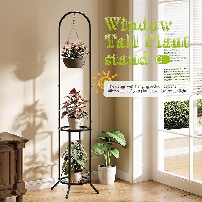 BMOSU Plant Stand with Hooks Indoor Outdoor Corner Tall Plant Stand Heavy-Duty - Image 3