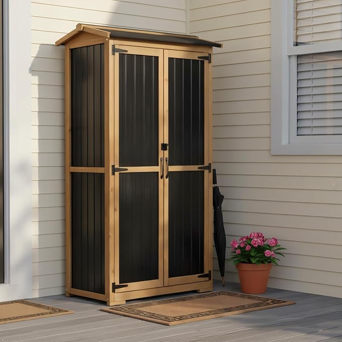 Outdoor Storage Cabinet Weather-Resistant, Wood & Metal Storage Shed by PETSCOSSET