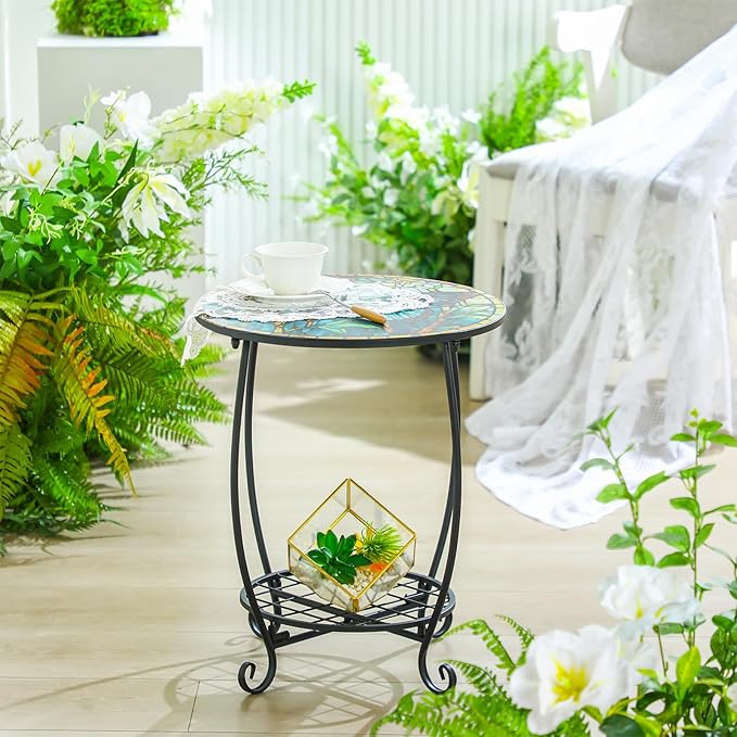 Outdoor Side Table Round Small Mosaic Patio Accent Indoor End Plant Coffee Tea - Image 6