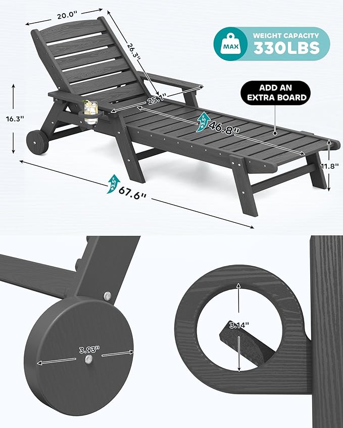 SERWALL Patio Chaise Lounge Chair Set of 4, 5 Positions Adjustable Poly Outdoor - Image 2