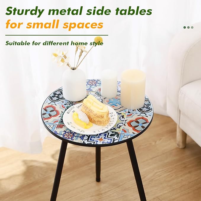 2 Packs Metal Mosaic Round Side Tables 13.4" Small Outdoor Patio Round Accent - Image 4