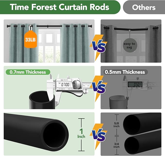2 Pack Black Curtain Rods for Windows 48 to 84, 1 Inch Adjustable Heavy Duty - Image 9