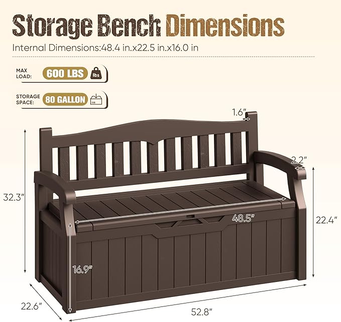 80-Gallon Outdoor Storage Bench, Waterproof Deck Box - Image 3
