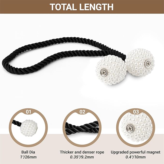 Hion Magnetic Curtain Tiebacks Black 2pcs, Curtain Tiebacks Buckles Holdbacks - Image 2