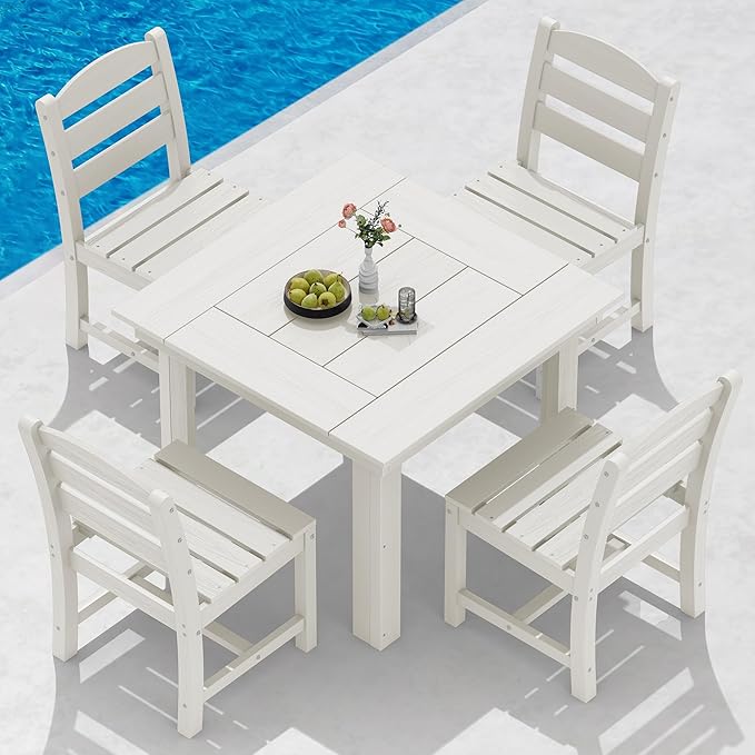 SERWALL Outdoor Dining Set for 4, HDPE Square Table and Chairs Set All Weather by SERWALL
