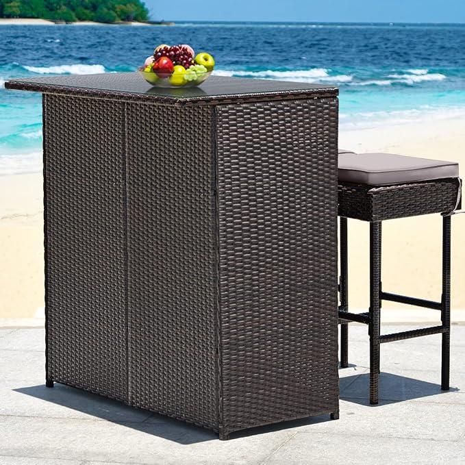 Tangkula Patio Bar Set, 3 Piece Outdoor Rattan Wicker Bar Set - Image 9
