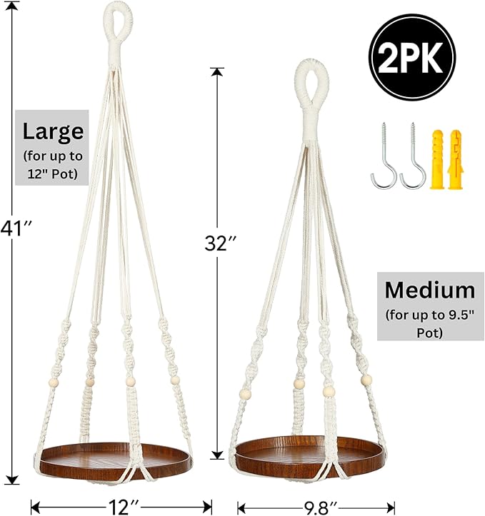 2 Pack Macrame Plant Hanger | Plant Hanger Indoor, Hanging Planter Shelf | - Image 3