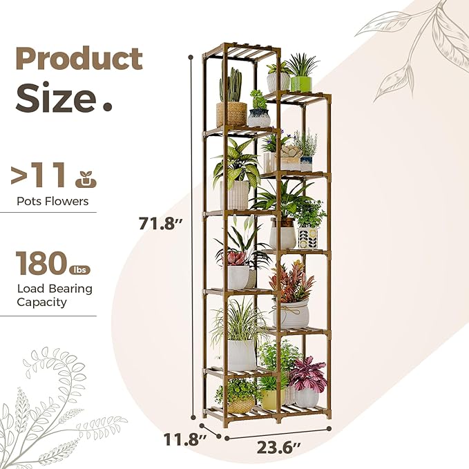 Bamworld Plant Stand Indoor Outdoor 11 Tier Tall Large Wood Plant Shelf Multi - Image 6