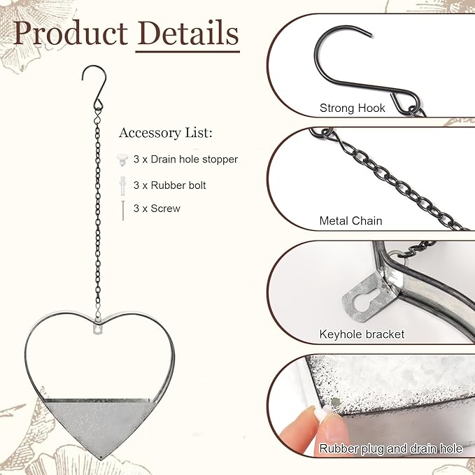 3 Pcs 3 Size Heart Metal Hanging Planter Indoor Outdoor, 13.4" 10.6" 7" Large - Image 3