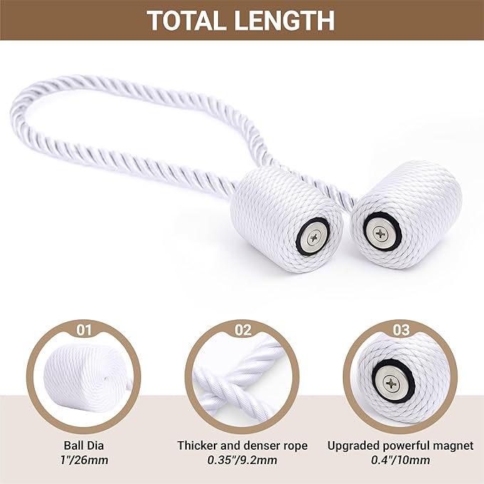 Hion Magnetic Curtain Tiebacks White 4 Pack, Curtain Tiebacks Buckles Holdbacks - Image 2