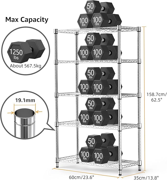 1250 lbs Steel Heavy Duty 5-Tier Utility Shelving Unit Steel Organizer Wire Rack - Image 3