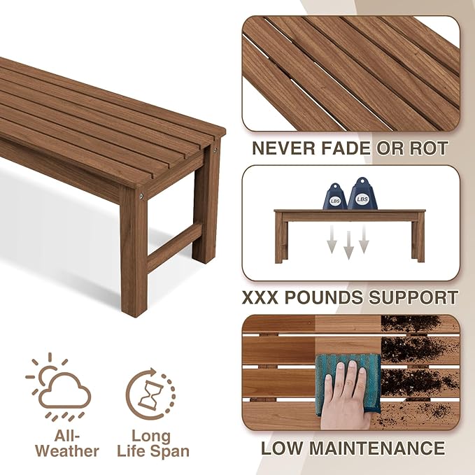 Psilvam 2-Person Outdoor Poly Lumber Patio Backless Bench, Fade-Resistant & - Image 4