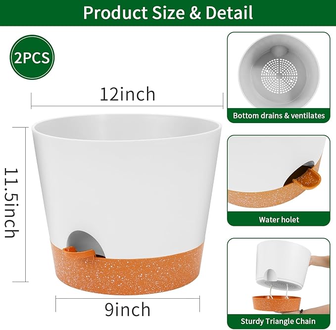 GARDIFE 12 inch Plant Pots, Self Watering Pots, 2 Pack Large Plastic Flower pots - Image 2