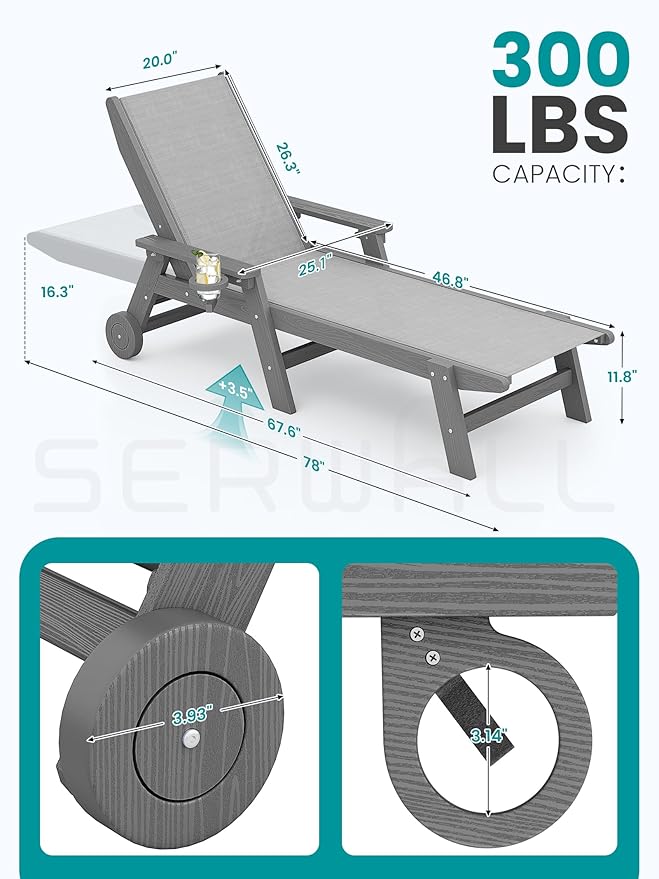 SERWALL Patio Chaise Lounge Chair, 5 Positions Outdoor Lounger - Image 3