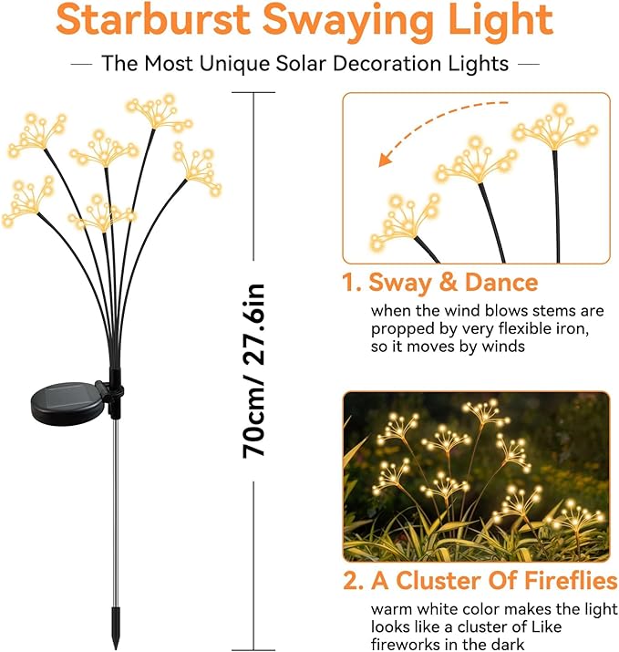 JJGoo Solar Garden Lights, New Upgraded 4 Pack Solar Swaying Starburst Light - Image 2