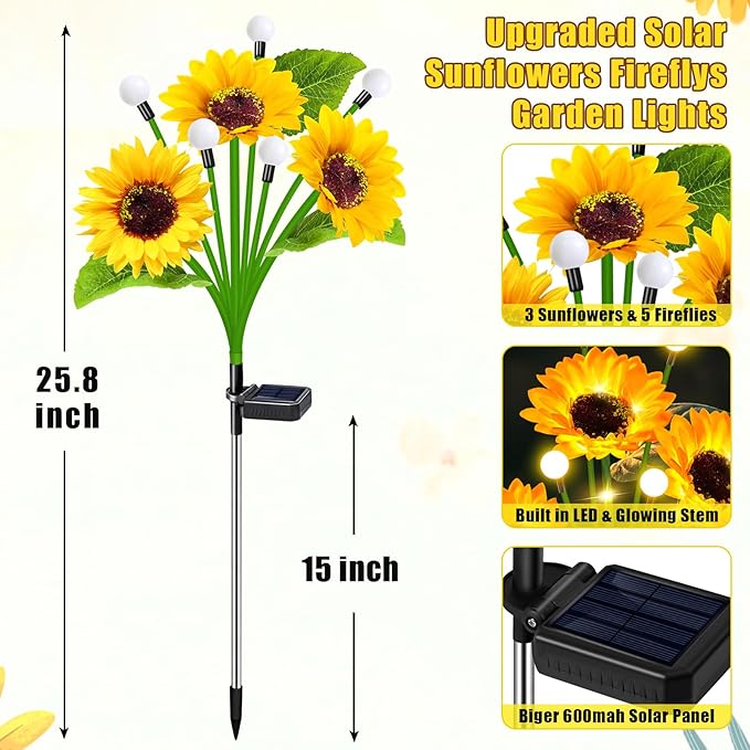 6 Pack Sunflower with Firefly Lights, Solar Lights Outdoor Garden Decor - Image 3
