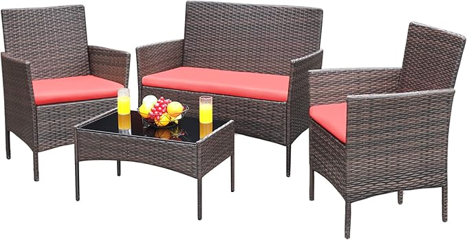 Greesum Patio Furniture 4 Pieces Conversation Sets Outdoor Wicker Rattan Chairs by BuynowfromGreesum