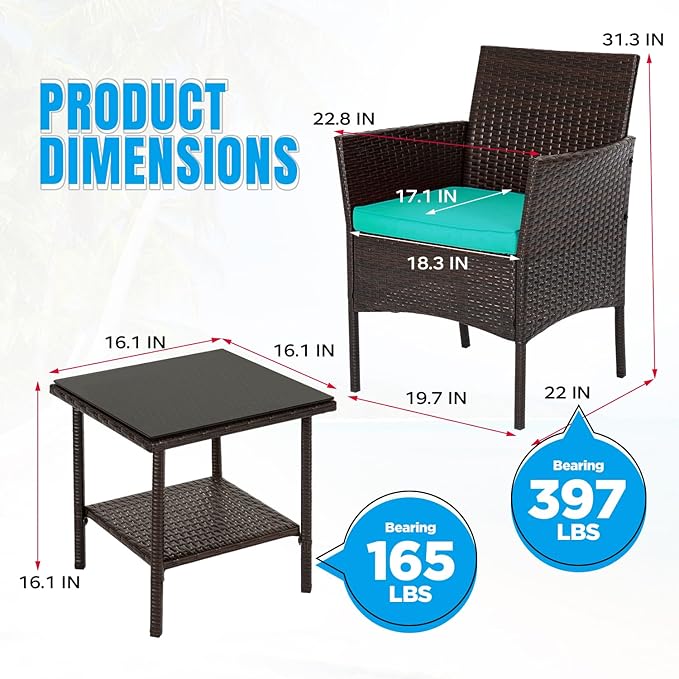 FDW | 3-Piece Patio Furniture Set | Brown & Blue | Outdoor Wicker Furniture - Image 7