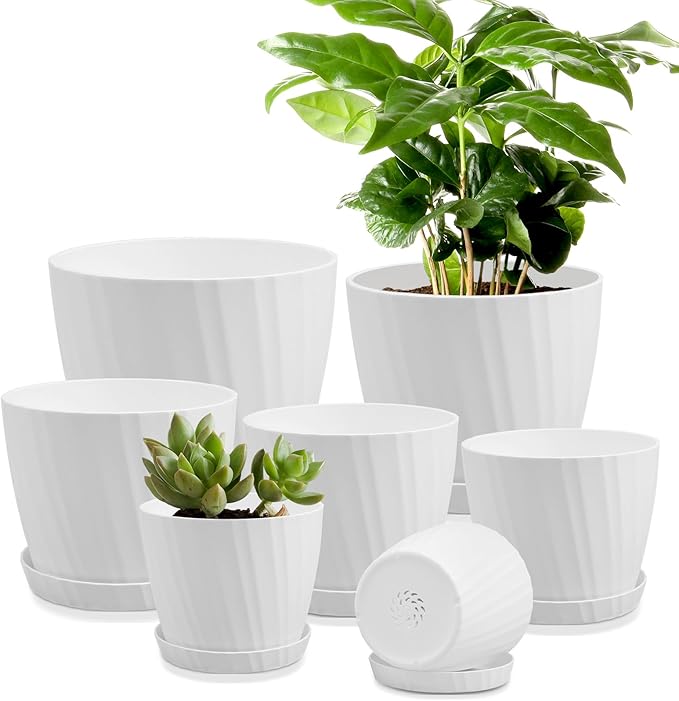 7 pcs Plant Pots with Drainage Holes and Saucers, Indoor Planters by AFamilyofGardenLovers