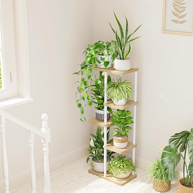Bamworld Corner Plant Stand Indoor 5 Tier white Plant Shelf - Image 3