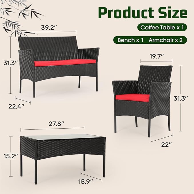 FDW | 4-Piece Patio Furniture Set | Red | Outdoor Wicker Furniture - Image 2