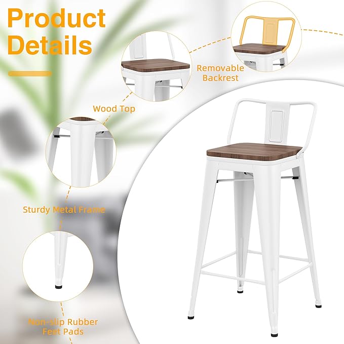 Yongchuang 24 inch Metal Bar Stools Set of 4 Counter Height Barstools Farmhouse - Image 6