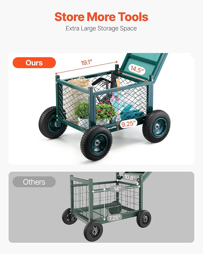 VEVOR Rolling Garden Cart with Seat, Metal Rolling Garden Work Seat with Wheels - Image 3