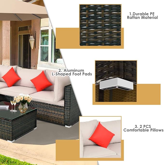 Tangkula 5 Pieces Patio Rattan Furniture Set, Outdoor Sectional Rattan Sofa Set - Image 6