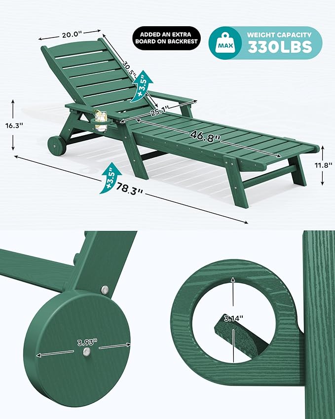SERWALL Patio Chaise Lounge Chair, Poly Lounge Chair - Image 2