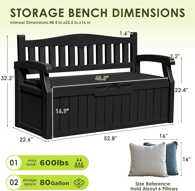 Greesum 80 Gallon Outdoor Storage Bench, Weather-Resistant Deck Box, Patio - Image 3