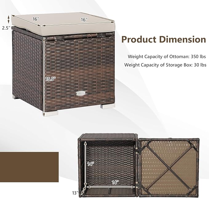 Tangkula 2 Pieces Patio Ottomans, Patiojoy Hand-Woven PE Rattan Side Table - Image 9