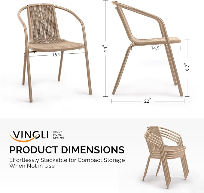 VINGLI PE Rattan Outdoor Dining Chairs Set of 4, Plastic Stackable Patio Chairs - Image 3