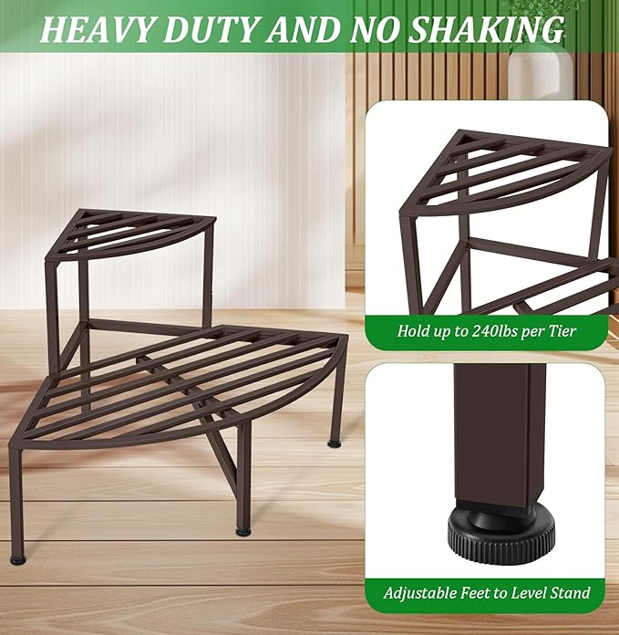 Corner Plant Stand Outdoor Metal, 2 Tier Heavy Duty Ladder Plant Shelf Indoor - Image 3