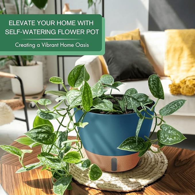 montresor 2-Pack of 8inch Self Watering Pots Blue Sturdy Plastic Flower Pot - Image 2