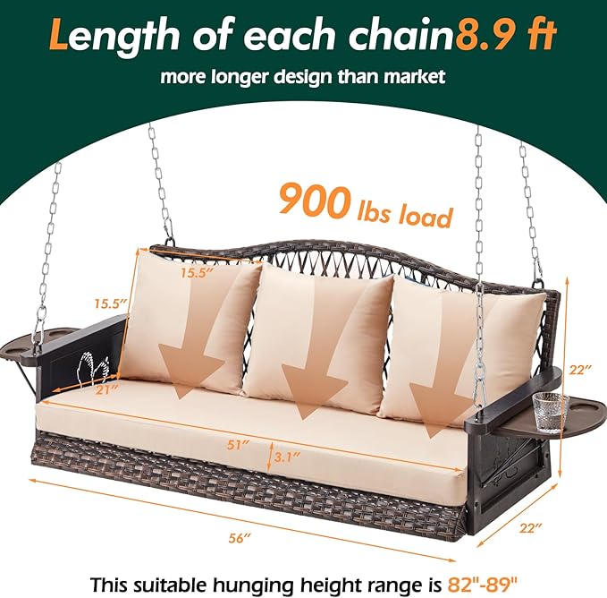 Upgraded Wicker Hanging Porch Swing Heavy Duty 900lbs 3-Seat Outdoor Patio - Image 7