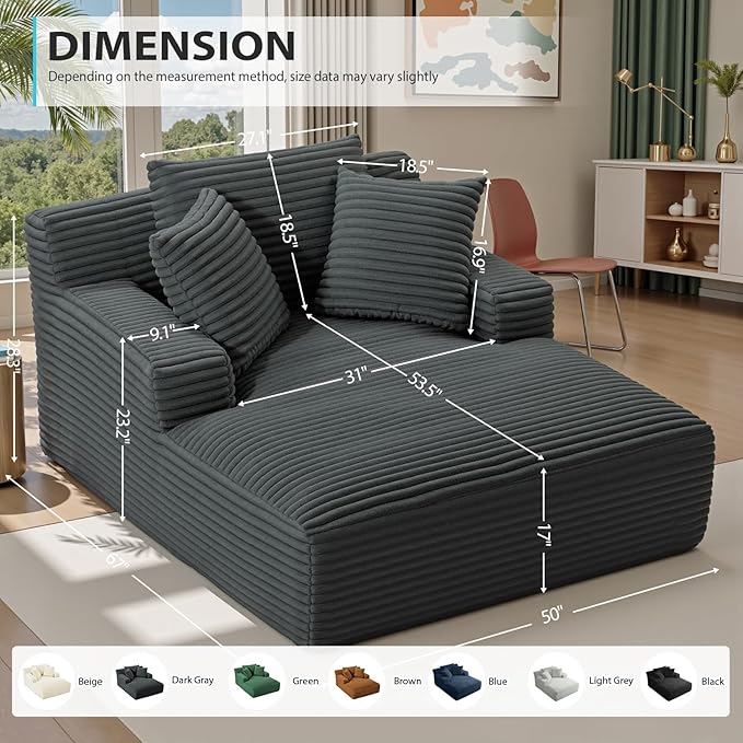 67 Inch Chaise Lounge Chair Indoor, Oversized Corduroy Upholstered Boneless - Image 2